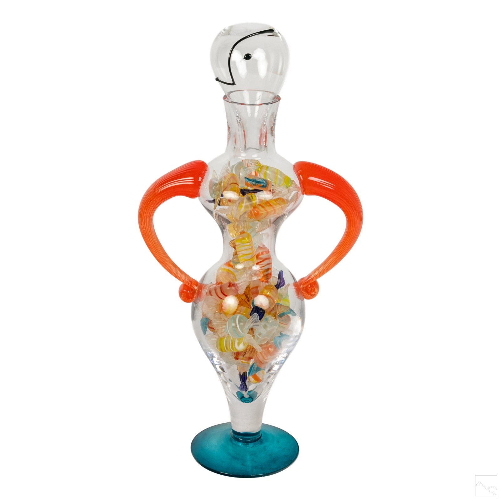 Kjell Engman Kosta Boda Studio Art Glass Decanter: Kosta Boda studio art glass decanter in the form of a figure, by Kjell Engman. Features modern design, filled with glass candy. Signed on bottom, numbered 89201. SHIPPING Hill Auction Gallery will not