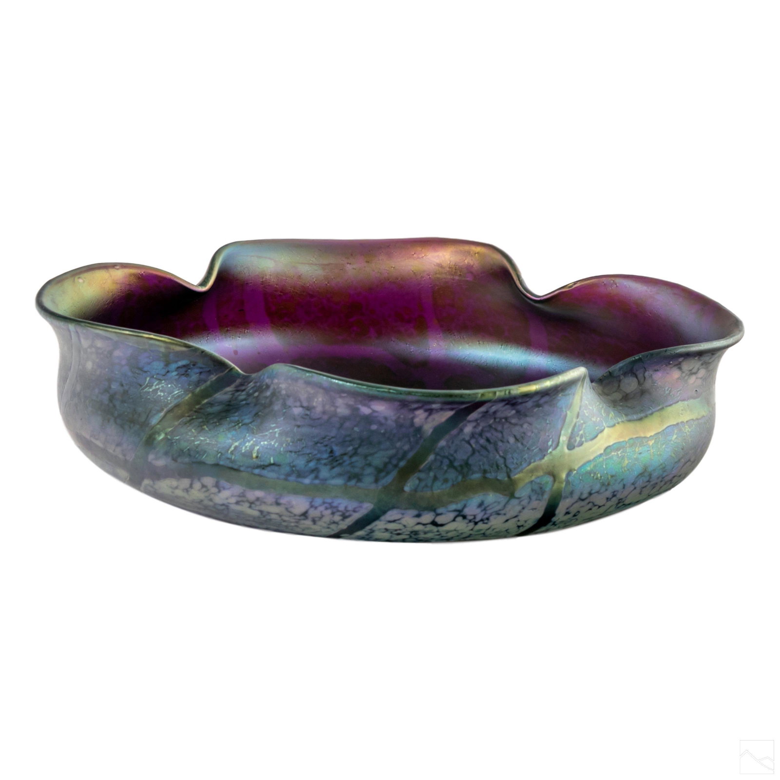 Favrile Studio Art Glass Bowl, after Louis Tiffany: Iridescent studio art glass centerpiece bowl. Hues of purple, blue and teal Favrile glass. Apocryphal signature, LCT. SHIPPING Hill Auction Gallery will offer in-house continental USA shipping for $65