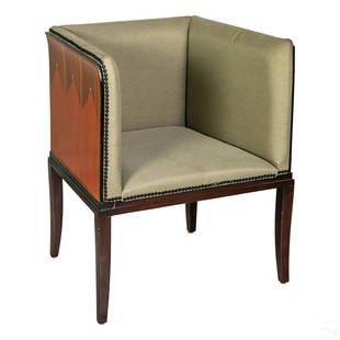 Eliel Saarinen Modern Arm Chair for Charles Phipps: Late Art Nouveau style Saarinen House house arm chair. Designed circa 1929 by Eliel Saarinen (1873-1950), and manufactured by Charles Phipps & Sons, circa 1990s. Hardwood and veneer, with upholstery t