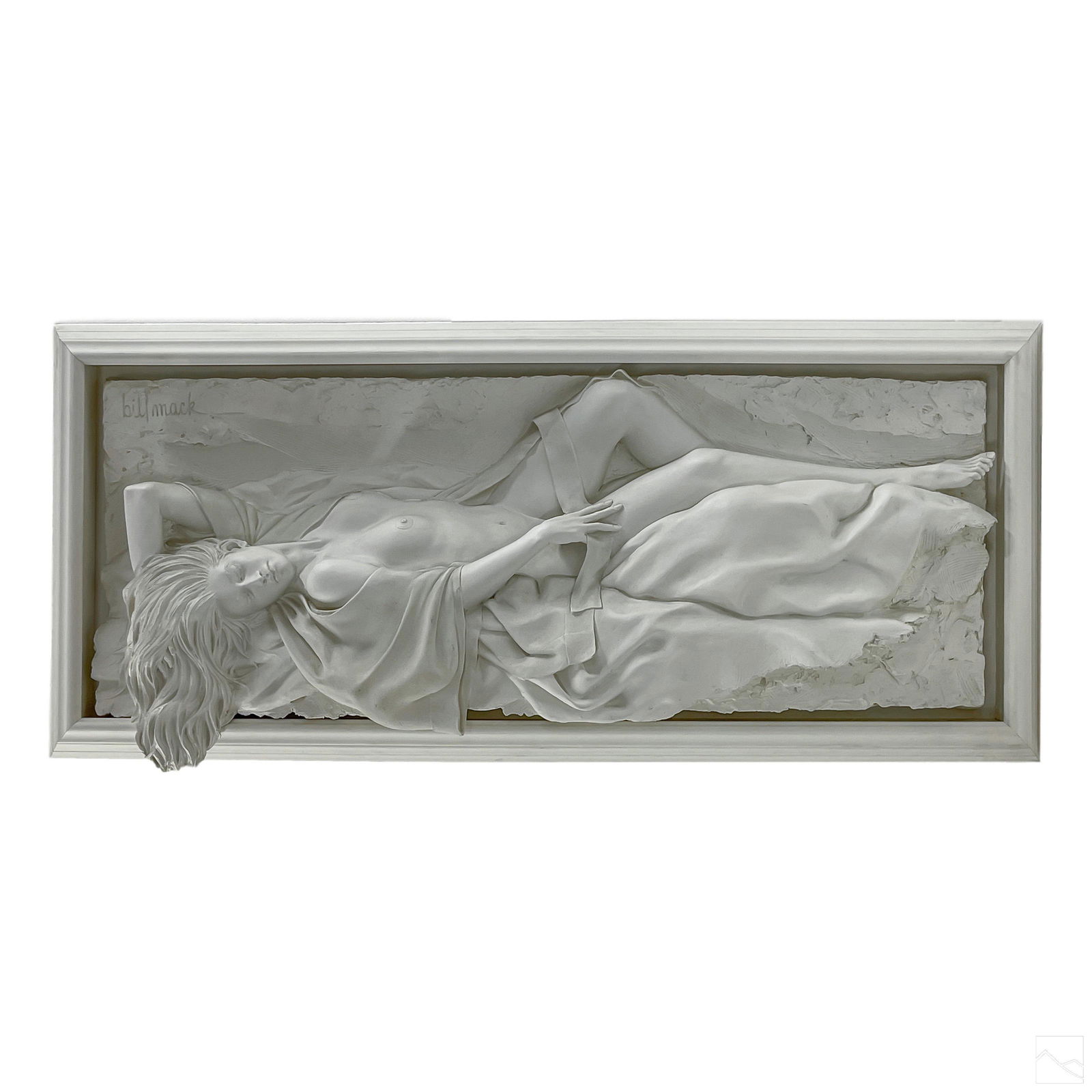 Bill Mack b.1944 Modern Nude High Relief Sculpture: Bill Mack (American, born 1944). A bonded sand sculpture produced circa 2000. A three dimensional high relief study of a reclining nude female. Artist incised signature to upper left BILL MACK. Sculpt