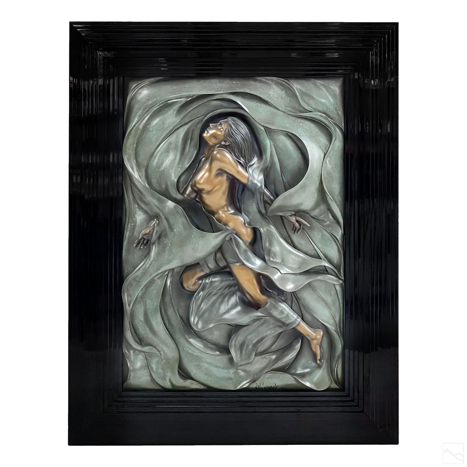 Bill Mack b.1944 Modern Nude High Relief Sculpture: Bill Mack (American, born 1944). A mixed metals sculpture produced circa 2000. A three dimensional high relief study of a nude female, modeled in "cold cast" or "bonded" composition consisting of mixe
