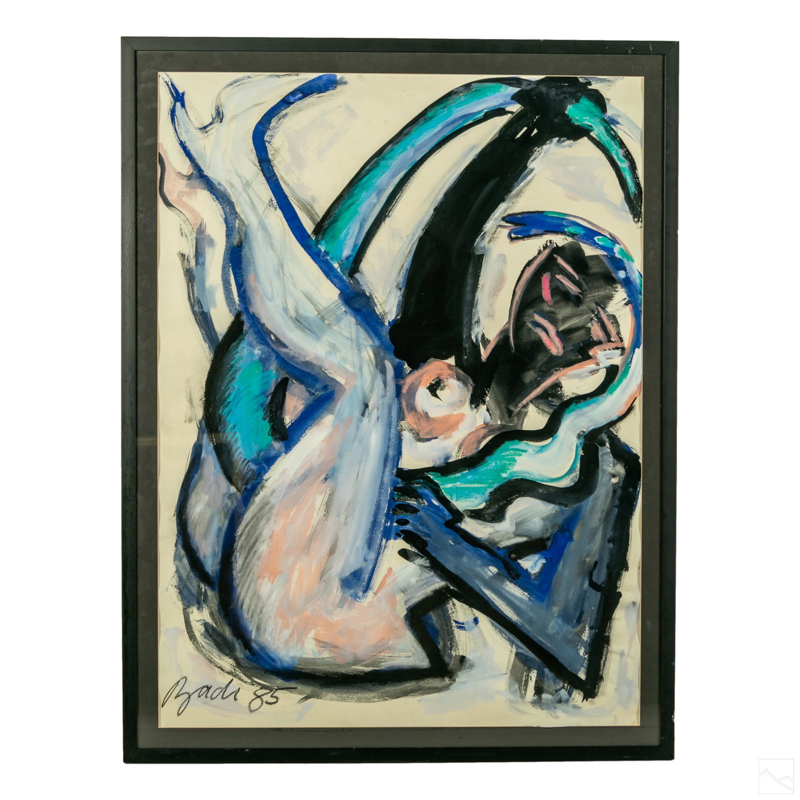 Elvira Bach b1951 Modern Nude Woman Snake Painting: Elvira Bach (German, born 1951). Original signed watercolor painting. A Postmodern abstract figural art work study of a prone, nude woman wrestling a snake. Signed and dated to lower left BACH 85. Pre