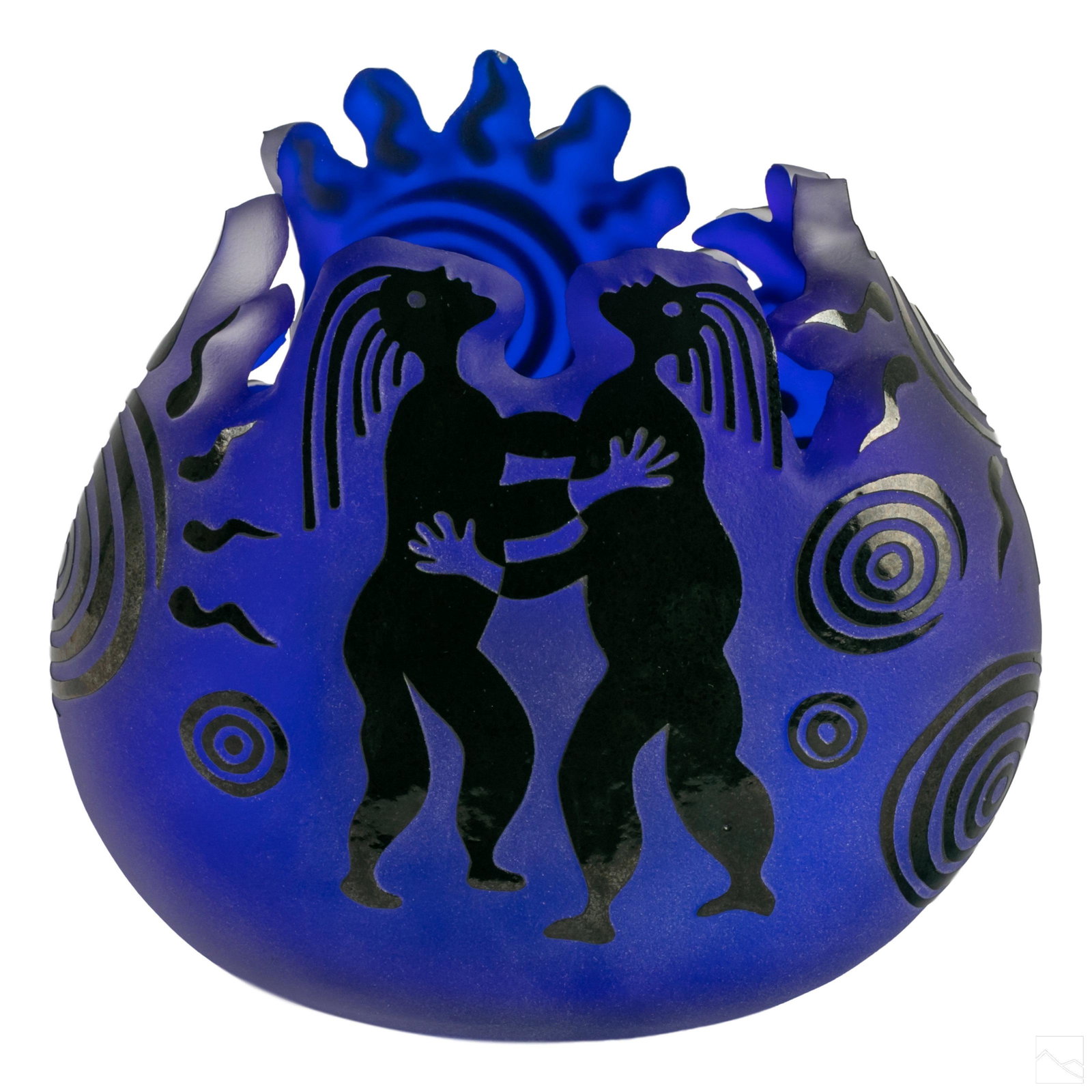 Fellerman & RAABE Studio Art Glass Cameo Cut Vase: Fellerman & RAABE Glassworks blue cameo art glass vase. Frosted glass with etched, raised glossy black cameo cut designs. Two figures are depicted along with geometric shapes. Thick walled glass. Pont