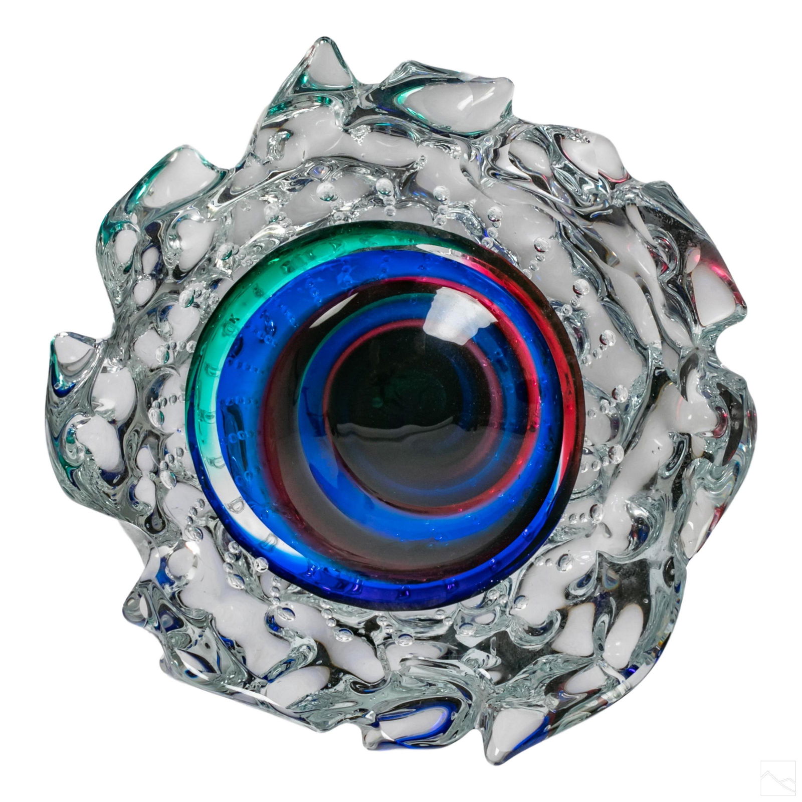 Leon Applebaum 20C Modern Art Glass Bowl Sculpture: Leon Applebaum (American, born 1945). Modern abstract studio art glass bowl sculpture. An abstract bowl with stylized clear glass wave forms encircling the outer body, with interior spiral in blue, re