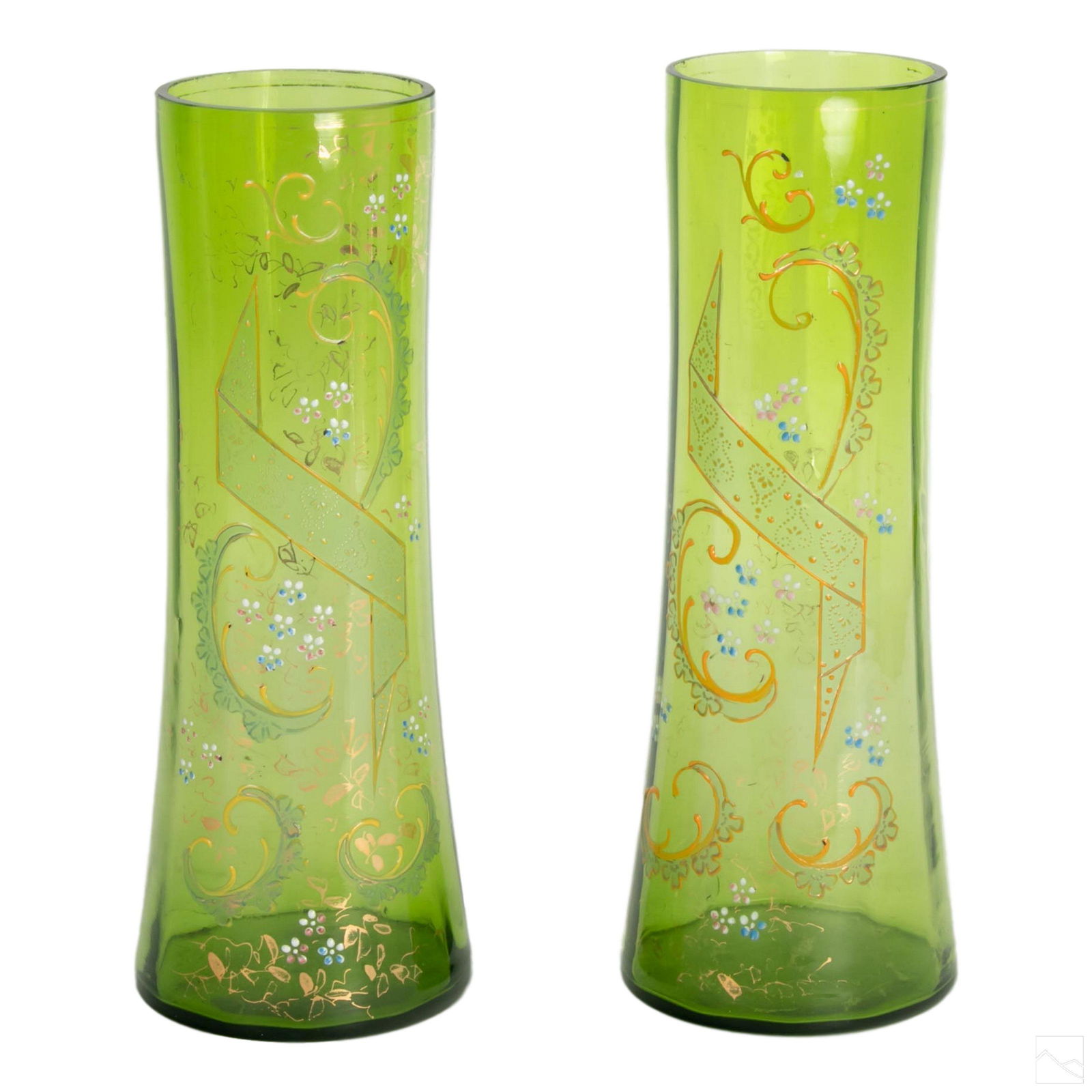 Green Enameled 12" Art Glass Floral Antique Vases (1 of 6)