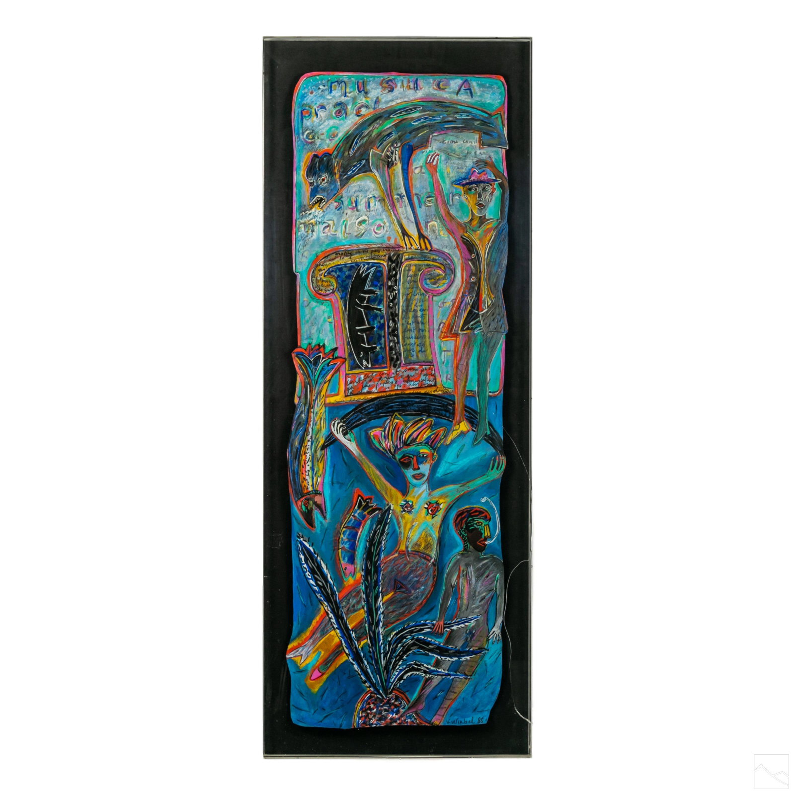 Veronique Wirbel 1950-1990 Abstract Music Painting: Veronique Wirbel (Belgian French, 1950-1990). Original signed abstract painting on paper. Titled "Musica Practica Summer Maison" ("Music House Summer Practice."). A figural art work with human and par