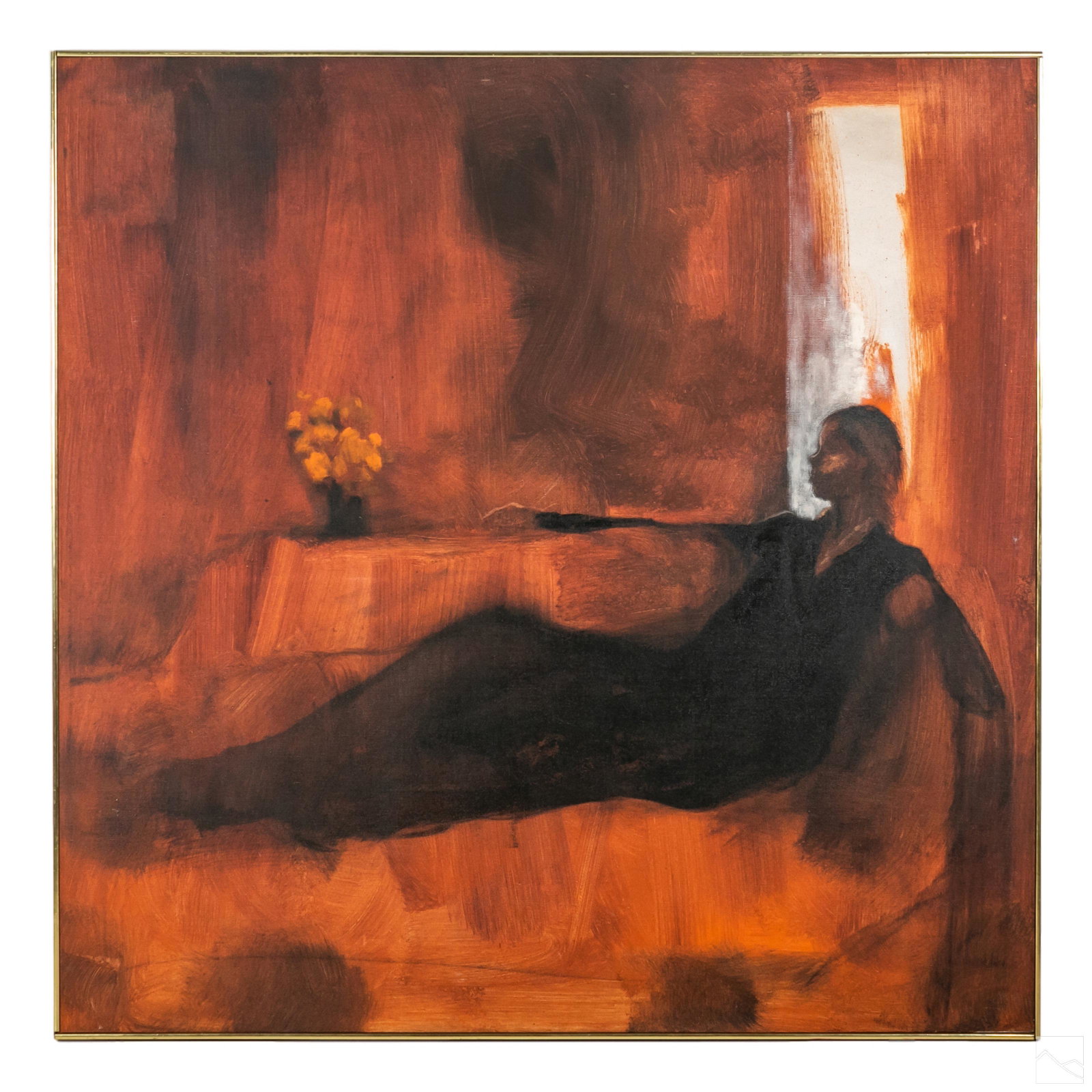Modern Expressionism Figural Red Lady Oil Painting: Oil painting on canvas. A study of a reclining woman. No apparent signature. Housed in wood and brass frame. Work Size: 49 x 49 in. SHIPPING Hill Auction Gallery will not ship. Gallery will refer a lo