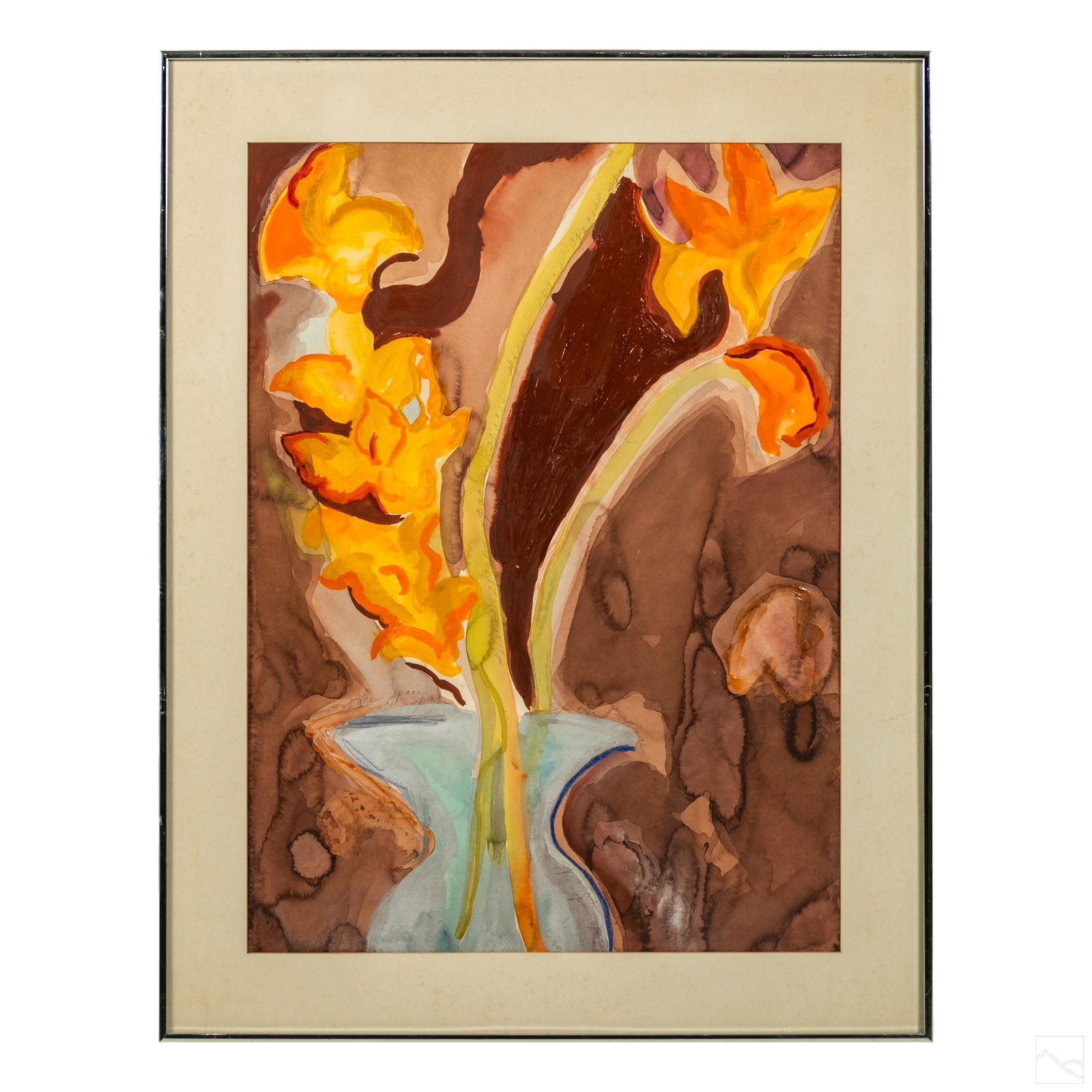 Benwood Walls 20C Abstract Art Watercolor Painting: Benwood Walls (American, 20th Century). Original abstract art painting on paper. A mixed media study with watercolor, other impasto style media, and pencil, the latter in a repeating motif of the word