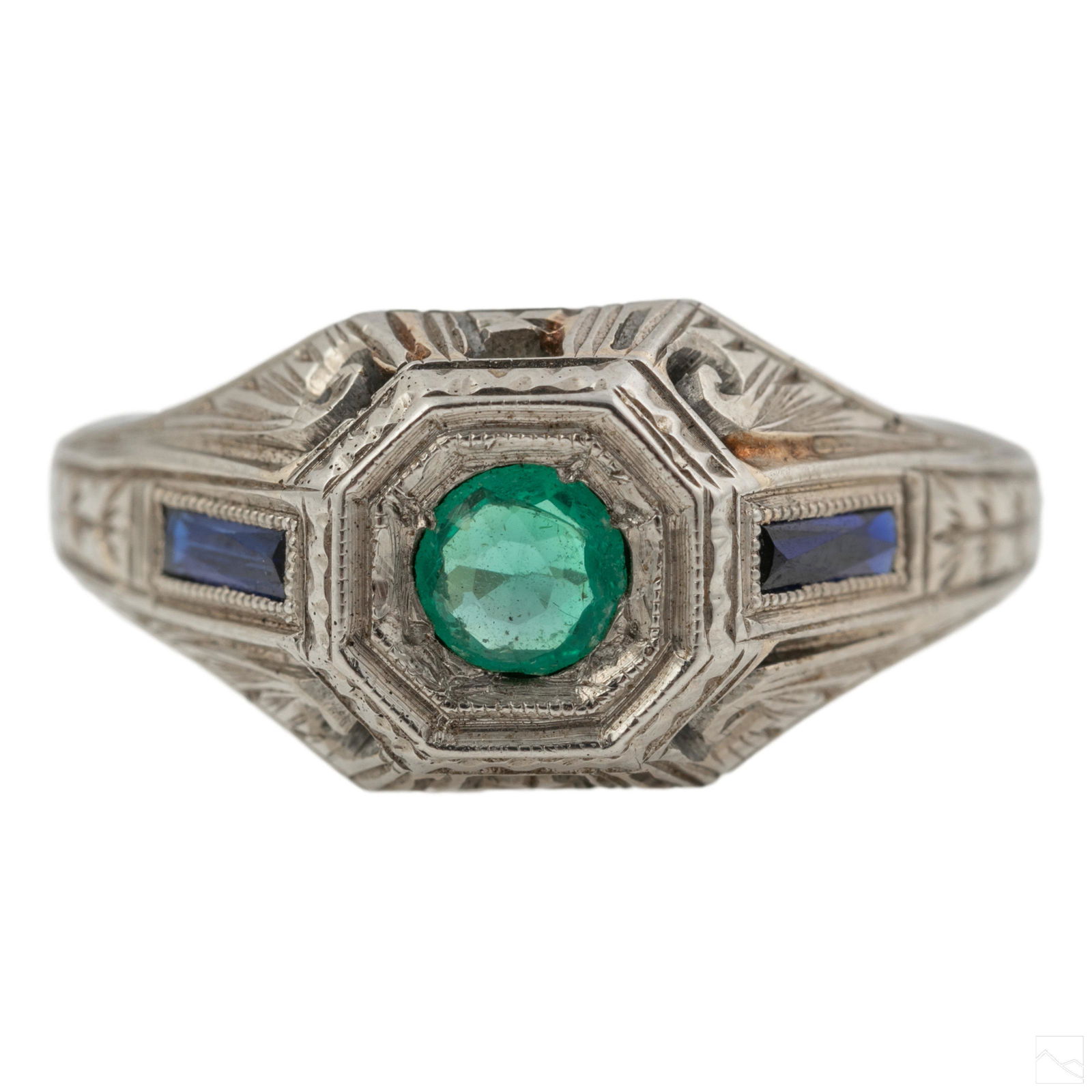 14K White Gold Art Deco Emerald & Sapphire Ring (1 of 6)
