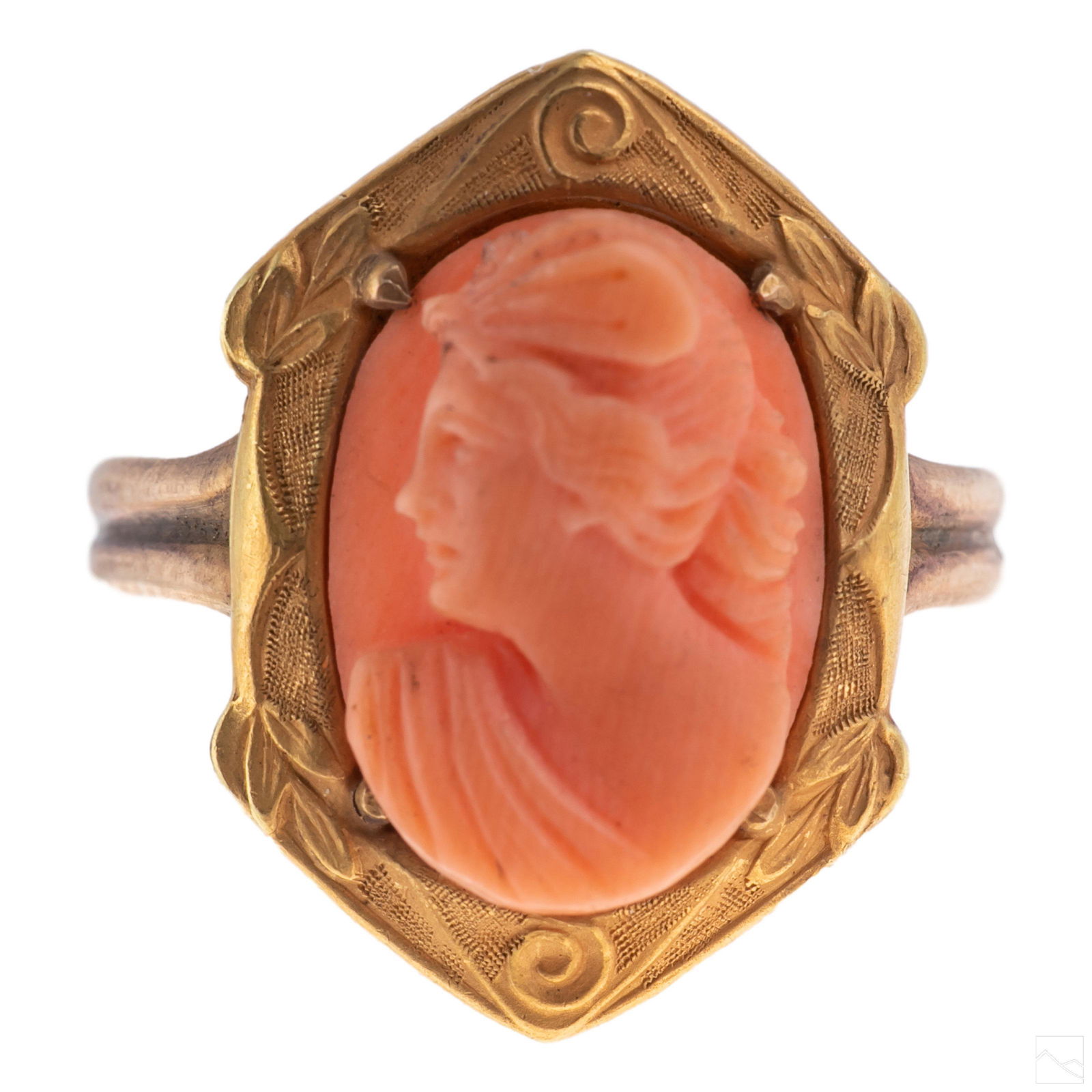10K Gold Art Nouveau Carved Coral Cameo Ring Sz 7 (1 of 5)