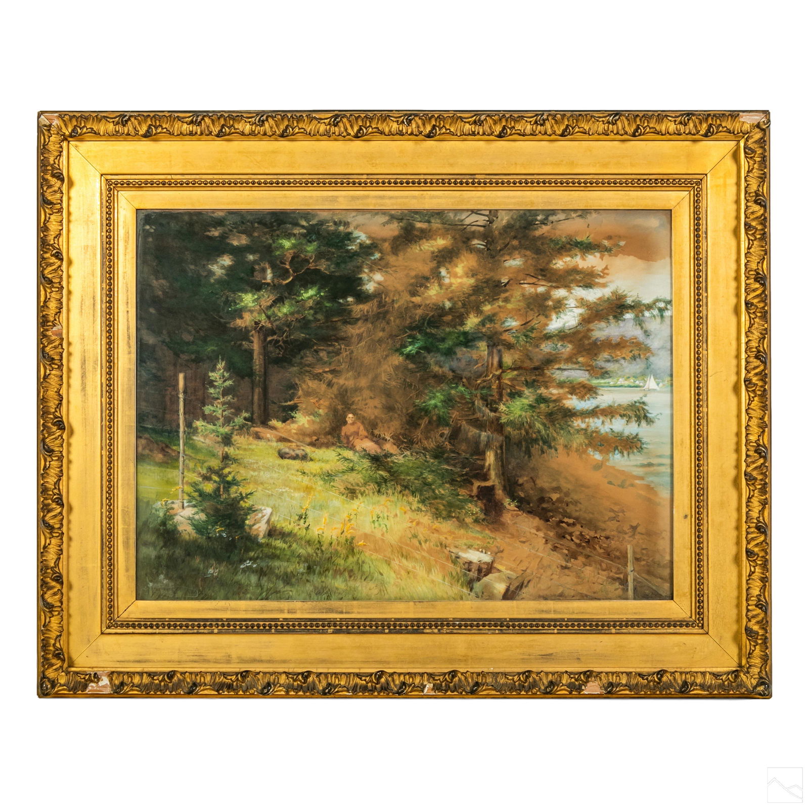 French Antique Lake Landscape Watercolor Painting: Antique French watercolor painting on paper. Depicts a summer lakeside landscape with sailboat in distance, a female figure resting in the shade under a tree. No apparent artist signature. Housed in o