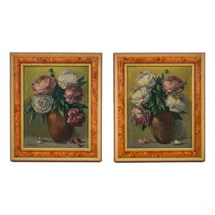 John W. Hardrick (1891-1968) Still Life Paintings: John Wesley Hardrick (American,1891-1968). Pair of antique oil paintings on board. Depicting still life bouquets of Peonies in vases. Artist signature lower right. Housed in ornate wood frames. Work S