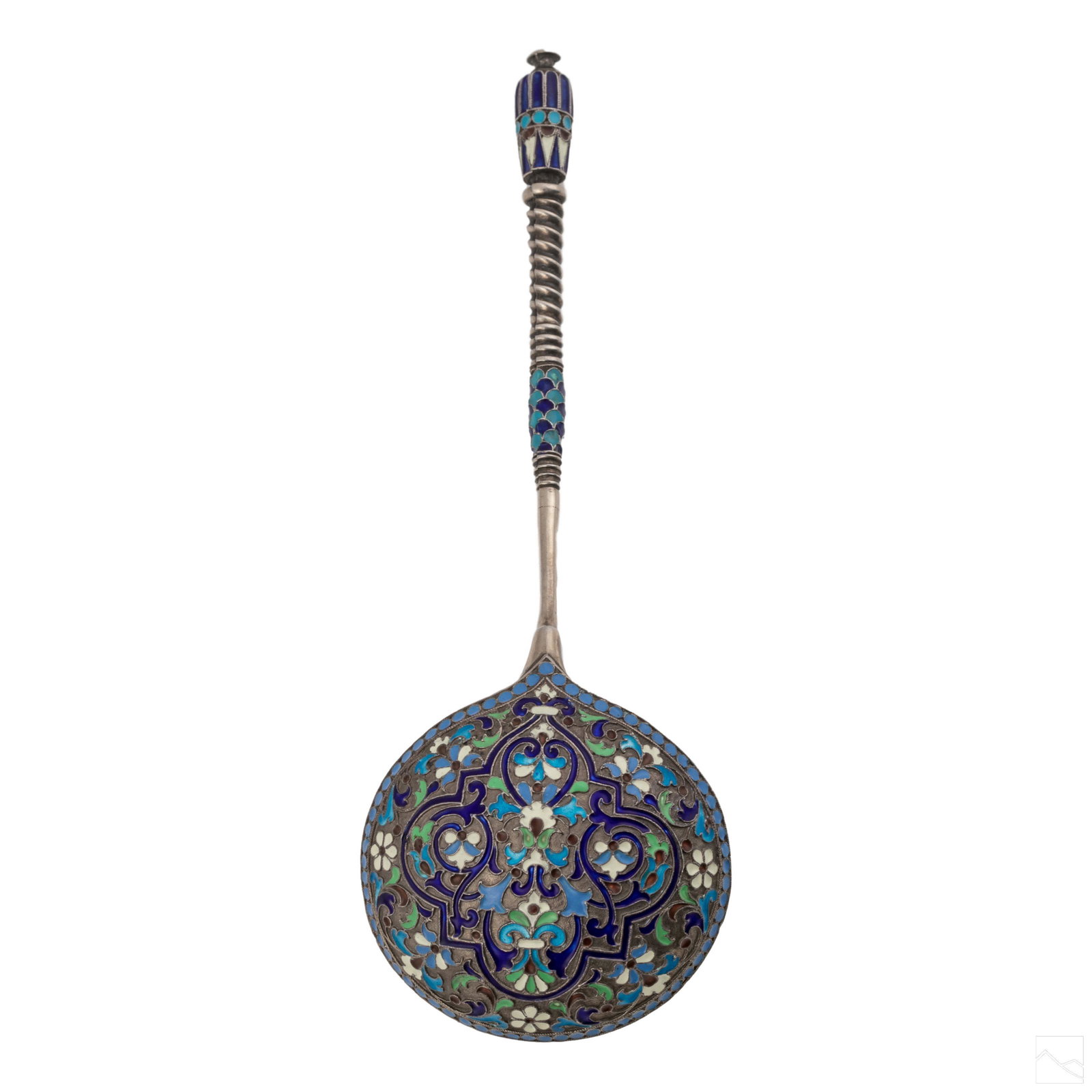 Russian Antique 84 Silver Champleve Spoon 72 grams: Antique Russian silver champleve enamel spoon. Features enameled handle and ornately detailed enameled spoon. Stamped 84, 1888 and the Kokoshnik silver mark, to rim of spoons handle. Tested silver. We