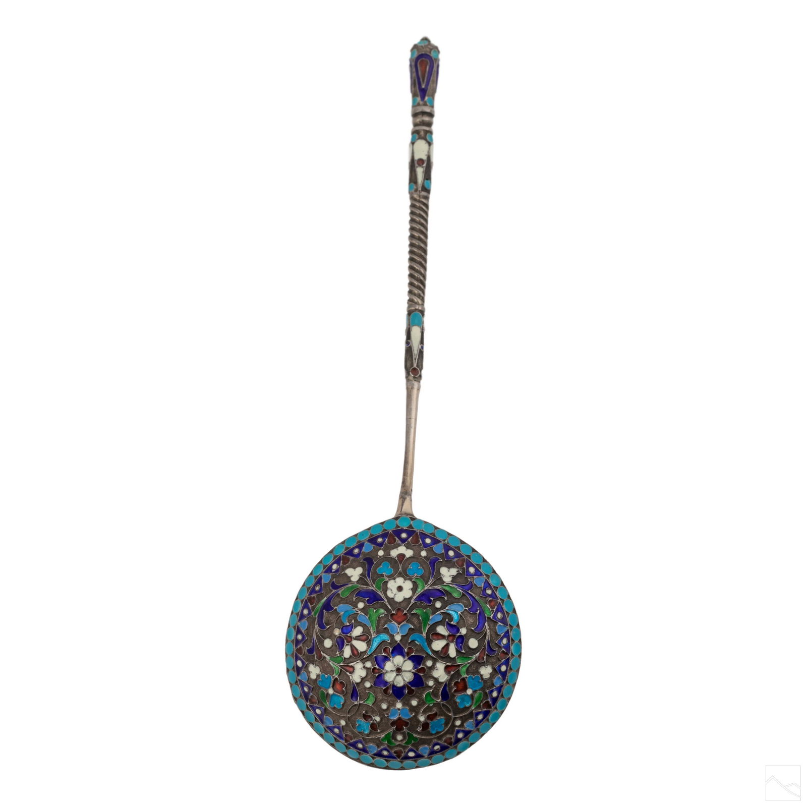 Russian Antique 84 Silver Champleve Spoon 53 grams: Antique Russian silver champleve enamel spoon. Features enameled handle and ornately detailed enameled spoon. Stamped "GK" to side of spoon. Tested silver. Weighing approximately 53 grams. SHIPPINGHil