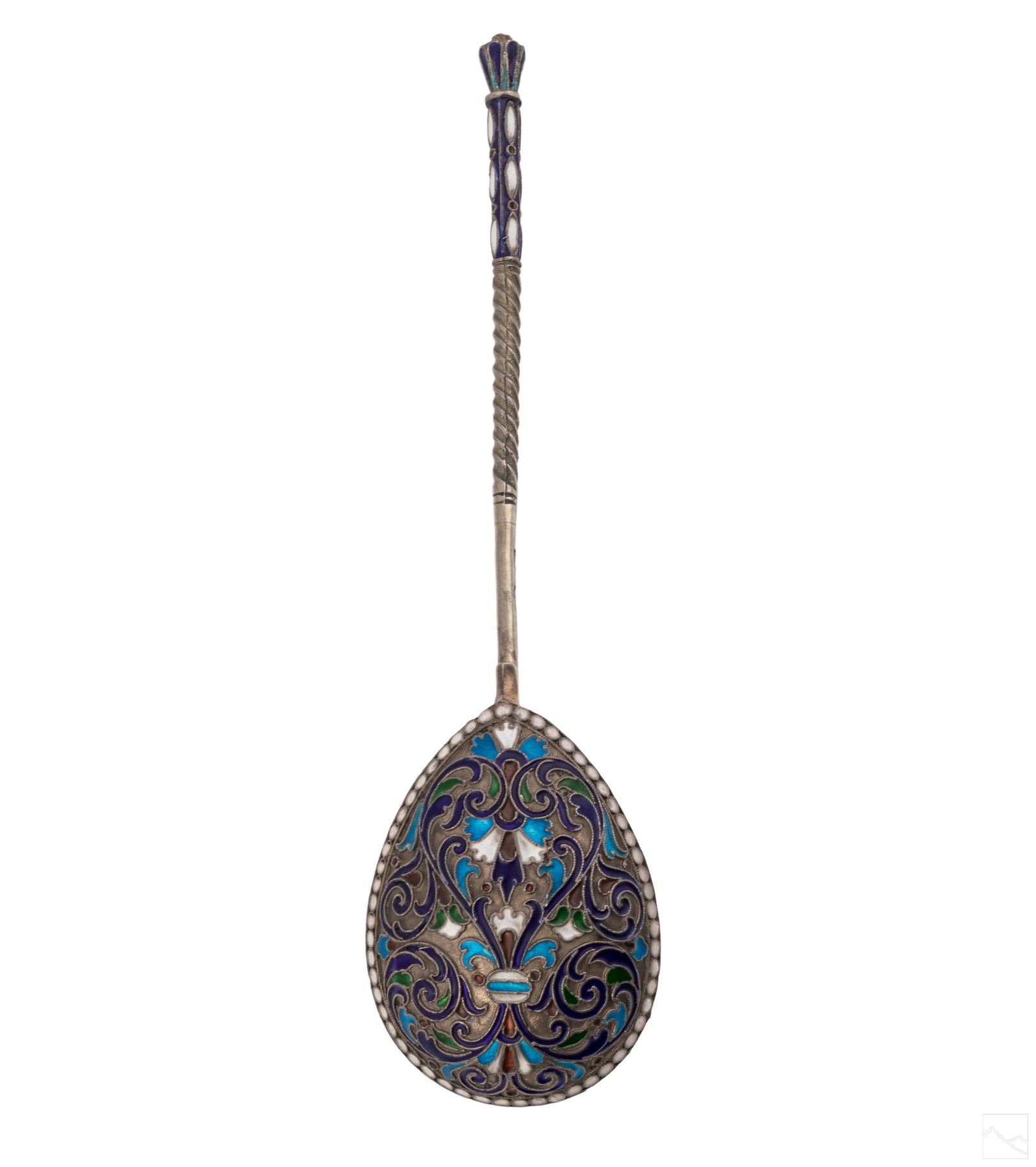 Russian Antique 84 Silver Champleve Spoon 54 grams: Antique Russian silver champleve enamel spoon. Features enameled handle and ornately detailed enameled spoon. Stamped "GK" and "84" with profile of a face, second "Kokoshnik" silver mark with Moscow d