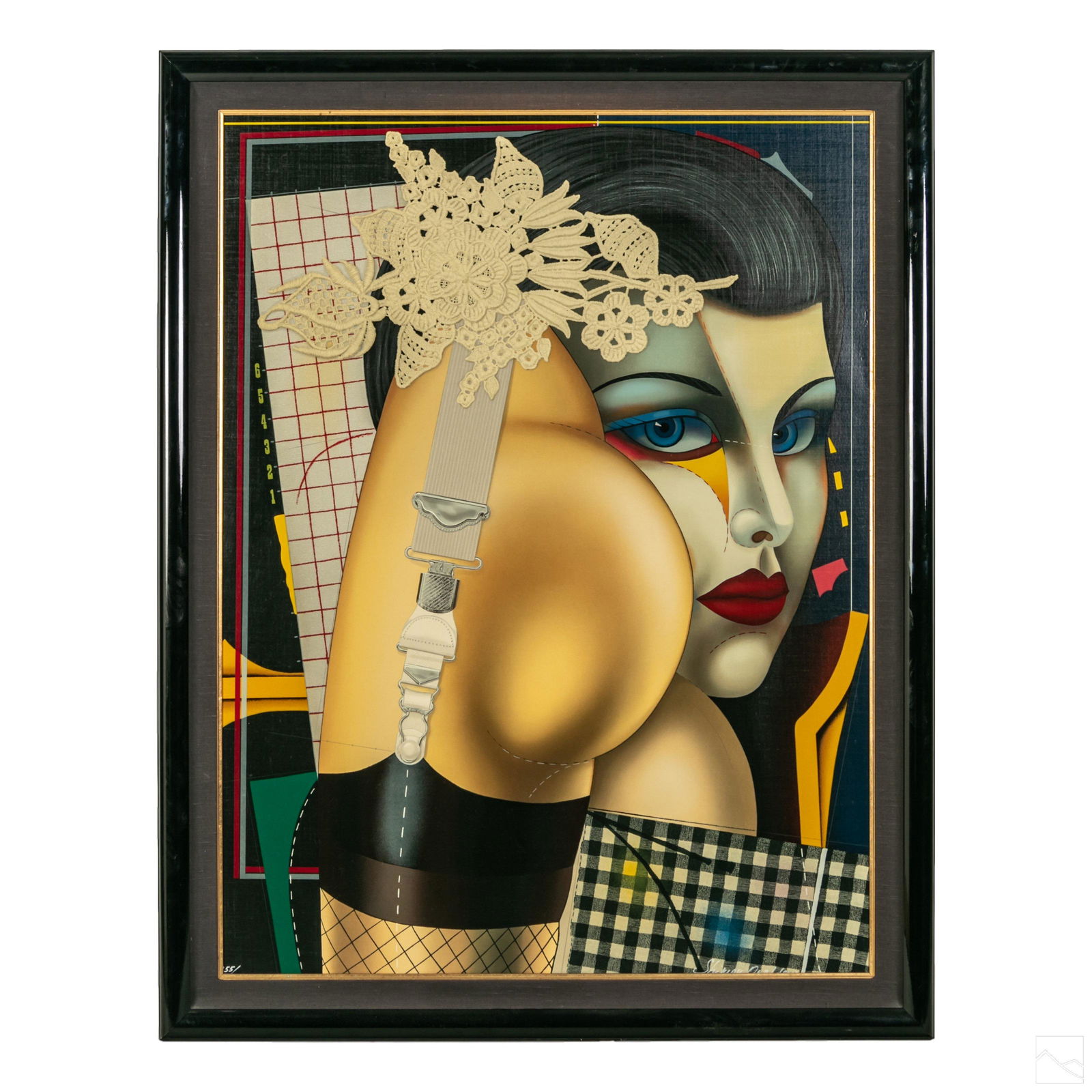 Shimon Okshteyn b.1951 Signed Semi Nude Serigraph: Shimon Okshteyn (Ukrainian, born 1951). Signed and numbered limited edition serigraph, produced 1989. Titled "Cheek to Cheek," a post modern abstract study with a young woman's face superimposed by he