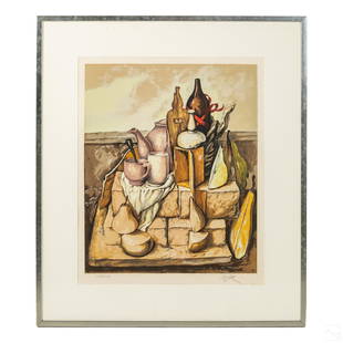 Samuel Bak b.1933 Modern Surrealism Art Lithograph: Samuel Bak (Israeli American, born 1933). Signed and numbered limited edition art lithograph. A Surrealist still life study of pears modeled in various forms. Numbered to lower left 150/150, and