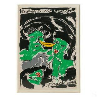 Bruce McLean b.1944 Modern Abstract Figural Litho: Bruce McLean (Scottish, born 1944). Signed Modern abstract lithograph print. A figural study with faces, hands, a banana, and other forms. Central colors of green, black, scarlet, and gray. Titled "Pu