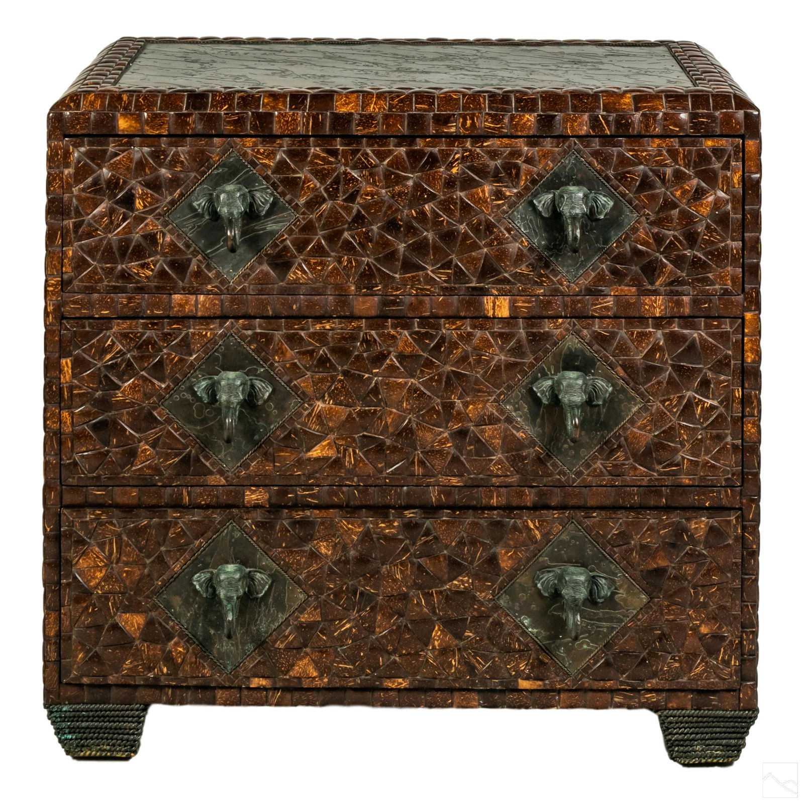 Maitland Smith 34" Coconut Shell Chest of Drawers: Maitland Smith coconut shell chest of drawers with bronze elephant mount. Constructed of Coconut Shell with tooled and patinated metal panels on sides and top. Each drawer is accented with substantial