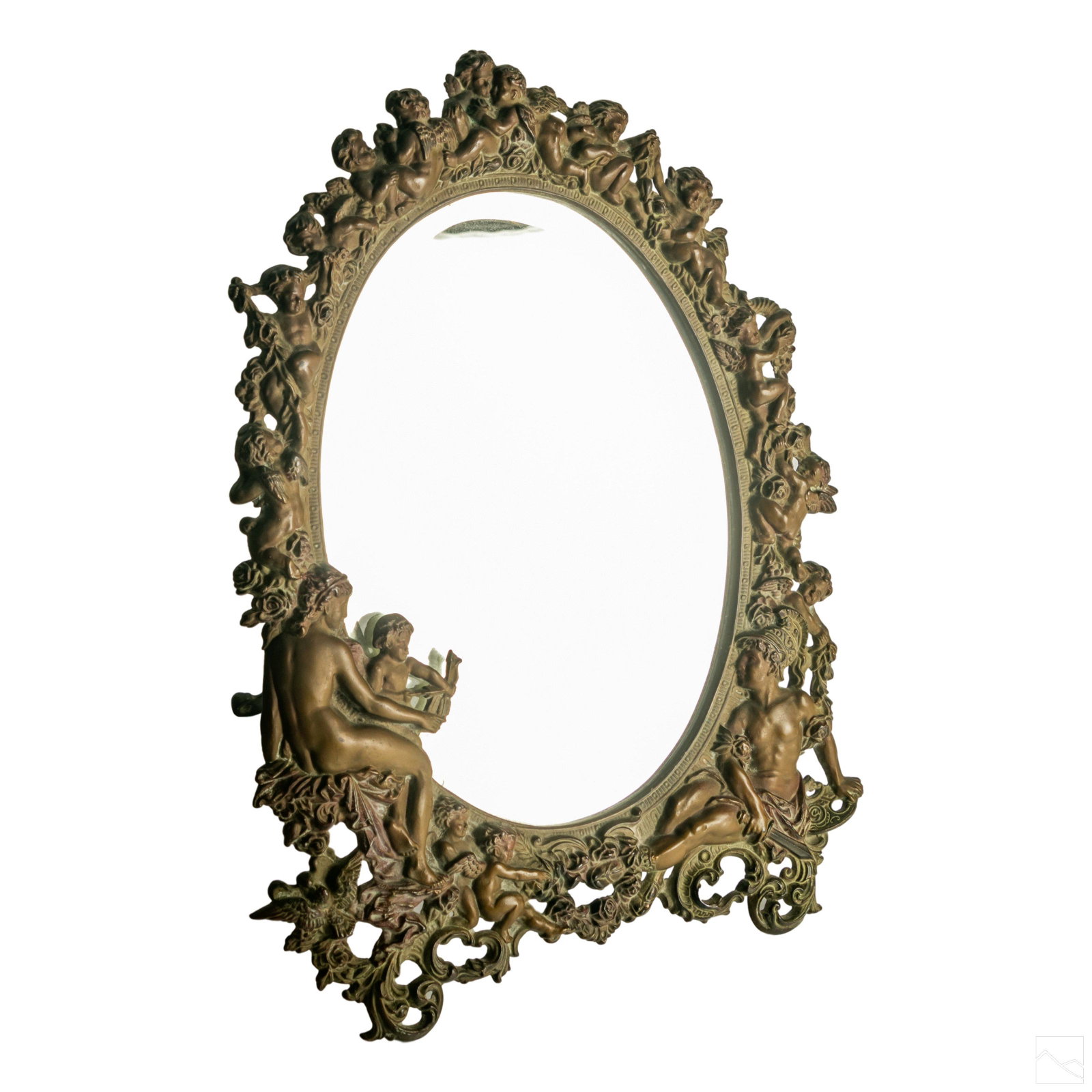 Figural Bronze Antique Roman Soldier Putti Mirror: Large bronze framed table top mirror. Features nude woman, musical putti and a roman soldier holding sword. Baroque swirling feet at base. SHIPPING Hill Auction Gallery will not ship. Gallery will ref