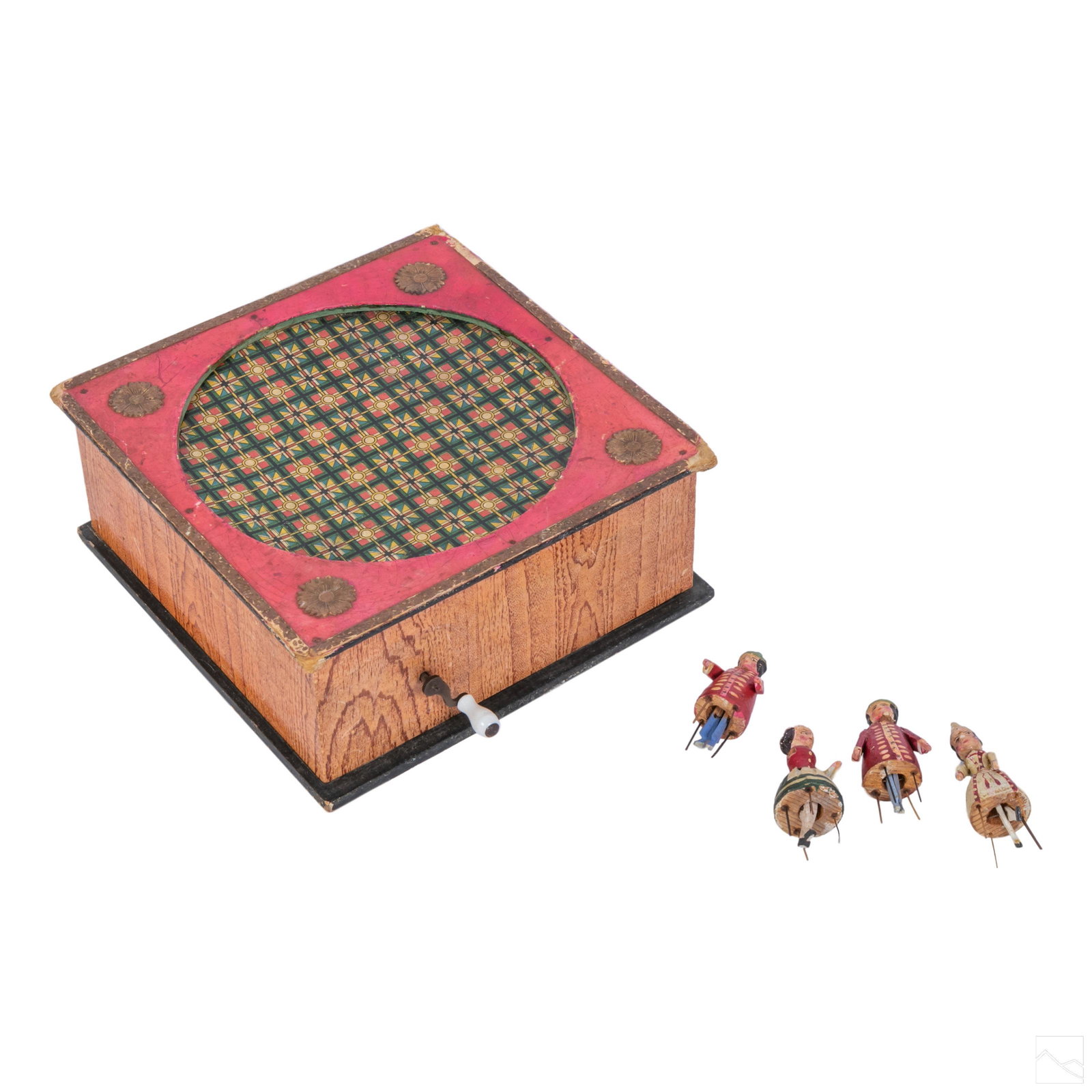 French Antique Music Box Toy w/ Wood Bristle Dolls (1 of 7)