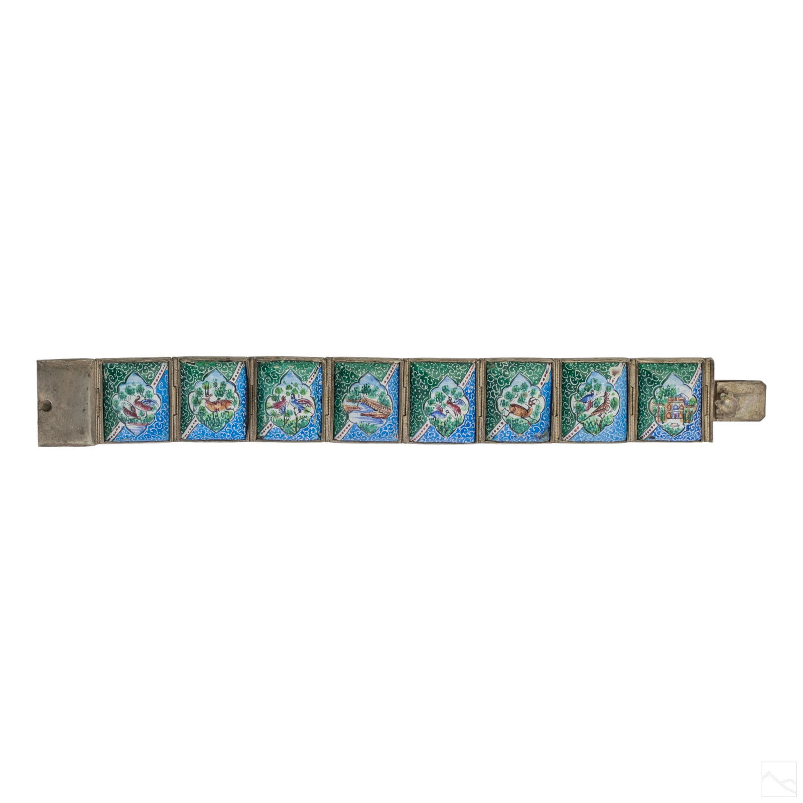 Persian Antique Painted Enameled Wildlife Bracelet: Antique Persian hand painted enamel panel bracelet. Features various animals such as birds, deer, and Persian landscapes. Composed of a white metal. Signed on back. SHIPPINGHill Auction Gallery will o