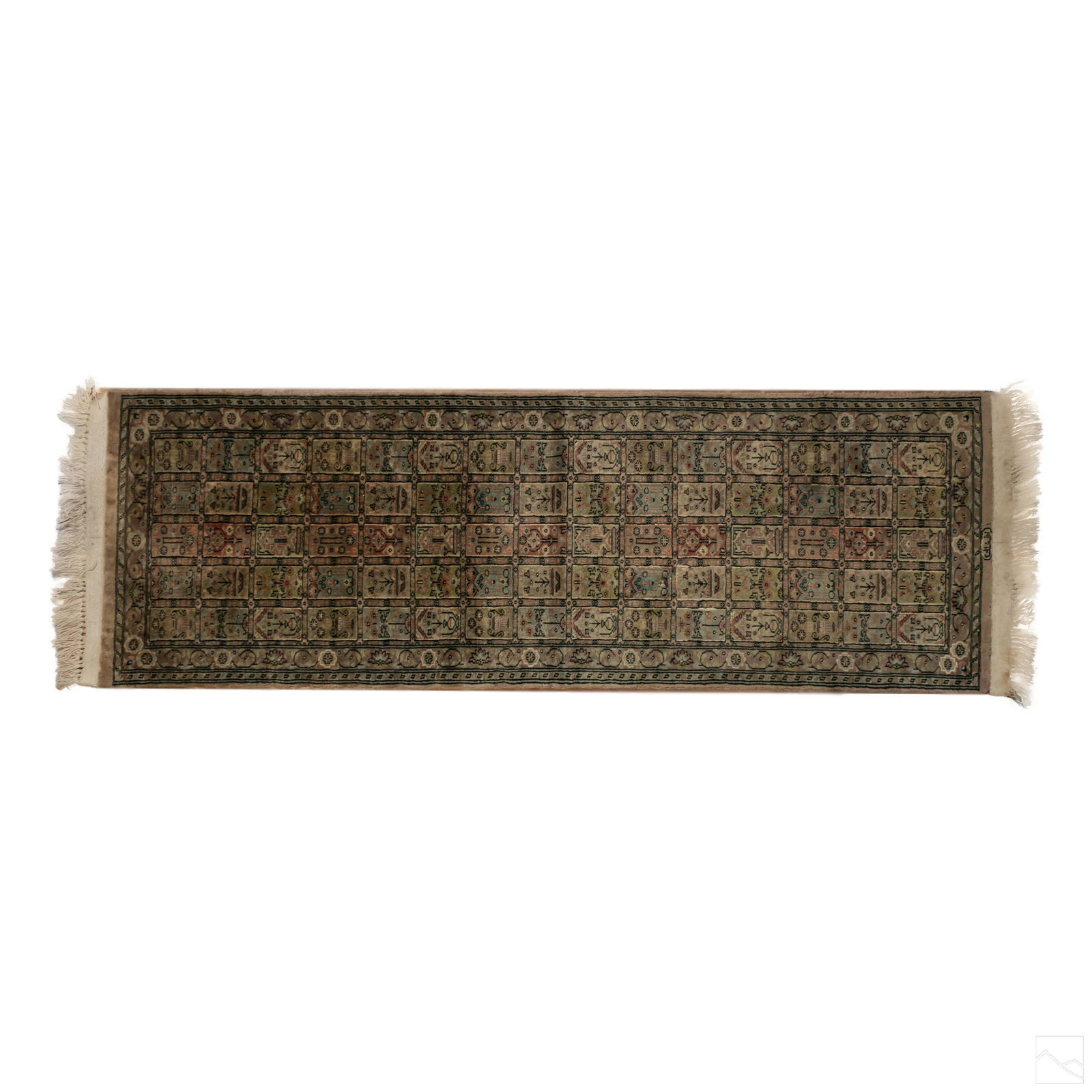 Persian Antique Traditional Woven Silk Prayer Rug: Antique Persian hand woven silk blend hall runner rug. Features Aerobic writing on one end, that reads "Rhythm". Beige an dark browns colors in a geometric design, with cream white fringe. Shipped rol