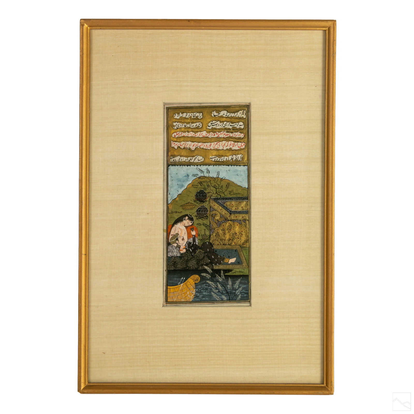 Mughal Indo Persian Antique Art Landscape Painting: Antique Persian Folklore painting. Depicts man and semi nude woman resting by a river, with a mountain landscape. Script above the artwork surrounded by gilt accents. Housed in gilt wood frame. Wooden