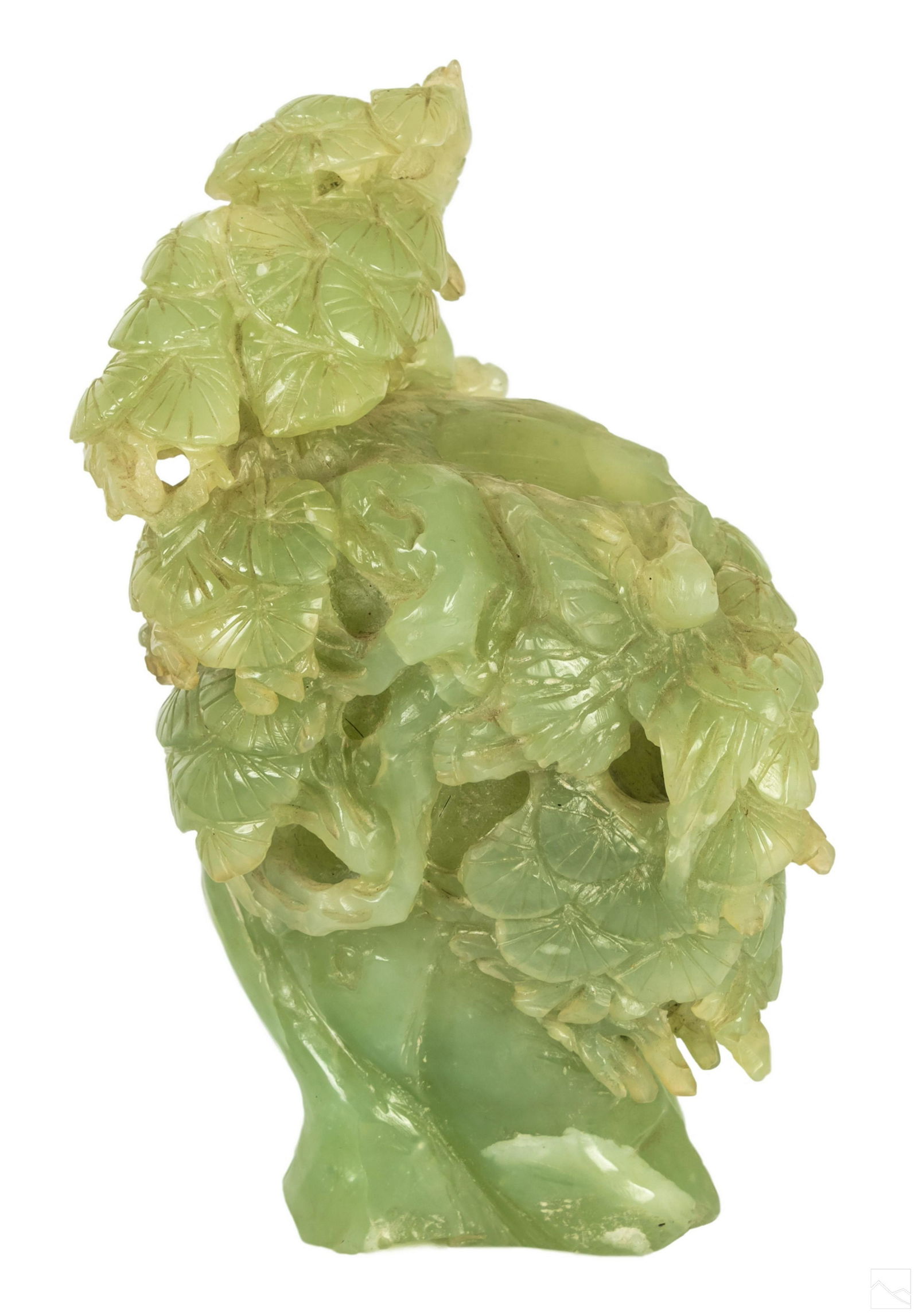 Chinese Carved Celadon Jade Crane Bird & Tree Vase (1 of 6)