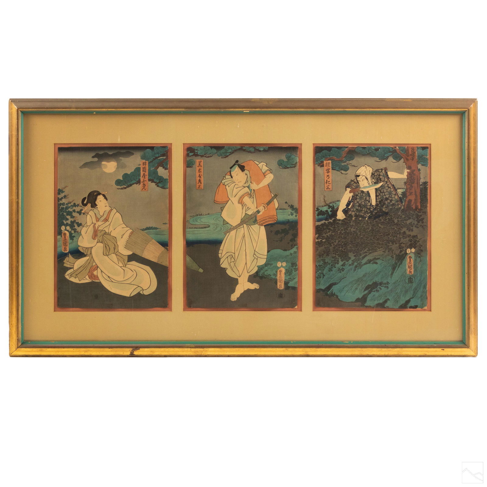 Japanese Antique Triptych Color Wood Block Prints: Antique Japanese triptych color woodblock prints. Depicts Japanese samurai male and geisha girl figures in light faded colors. Character marks in corners of each block. Measures approximately 14 in. x