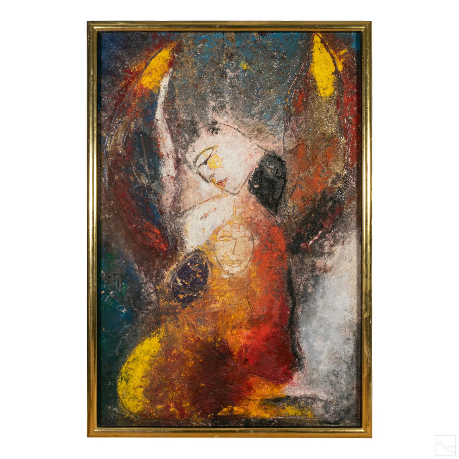 Jamali (b.1944) Modern Avant Garde Fresco Painting: Jamali (Pakistani American, born 1944). Original mixed media fresco tempera painting. Modern abstract with assorted bold colors, depicting the outline of faces and the contour of an winged angel stand