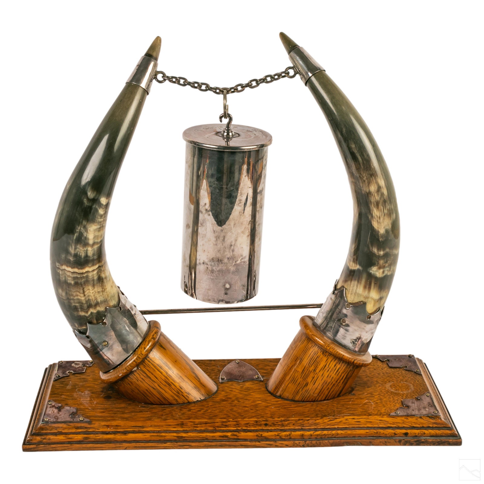 Western Bull Horns and Gun Shell Dinner Bell Gong: Unusual antique dinner gong, table bell, or servants call. Bell made from the exterior shell casing of a Q.F. 2.95 inch mountain gun, the designation given by the British Army to a Vickers 75 mm calib
