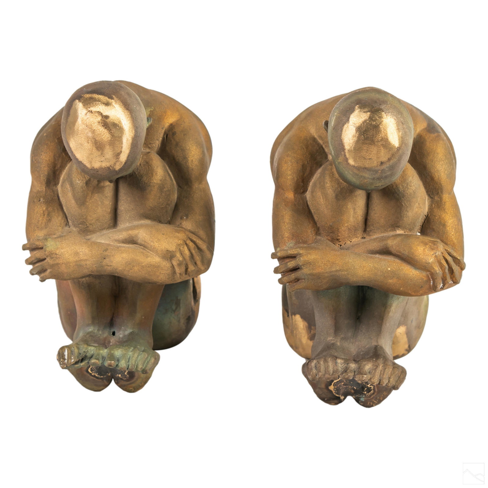 Modern Bronze Signed Nude Figural Art Sculptures: Pair of Modern bronze figurine statues, each depicting the same model. A study of a nude man, crouching in a stylized fetal position. Some areas of bronze have been burnished, possibly as part of an e