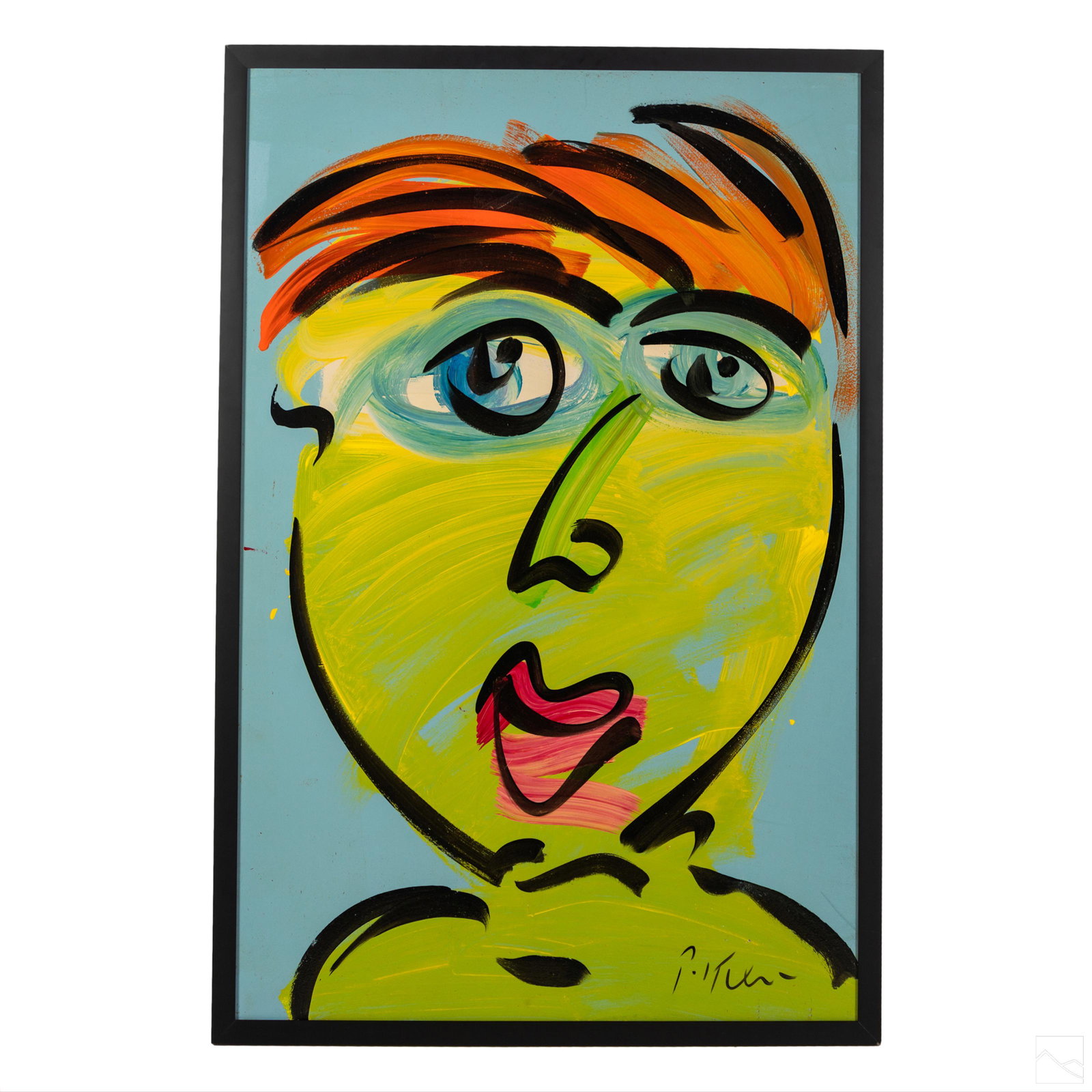 Peter Keil (German B1942) Green Envy Oil Painting: Peter Robert Keil (German / American, Born 1942) Neo-Expressionist. Original portrait painting on board. Signed lower right. Housed in a black frame. Work Size: 47.5 x 32 in.SHIPPINGHill Auction Galle
