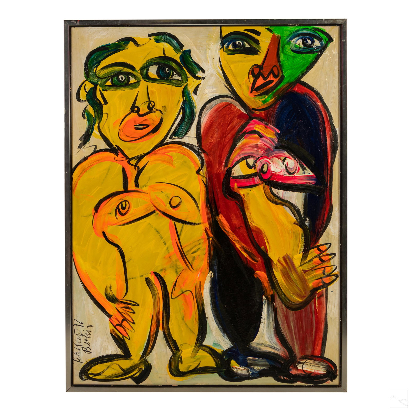 Peter Keil b.1942 Neo Expressionism Nude Painting: Peter Keil (German, born 1942). Large original Neo Expressionist oil painting on canvas. Titled, "The Naked Circus From Berlin," an abstract figural study. Artist signed and dated vertically to lower