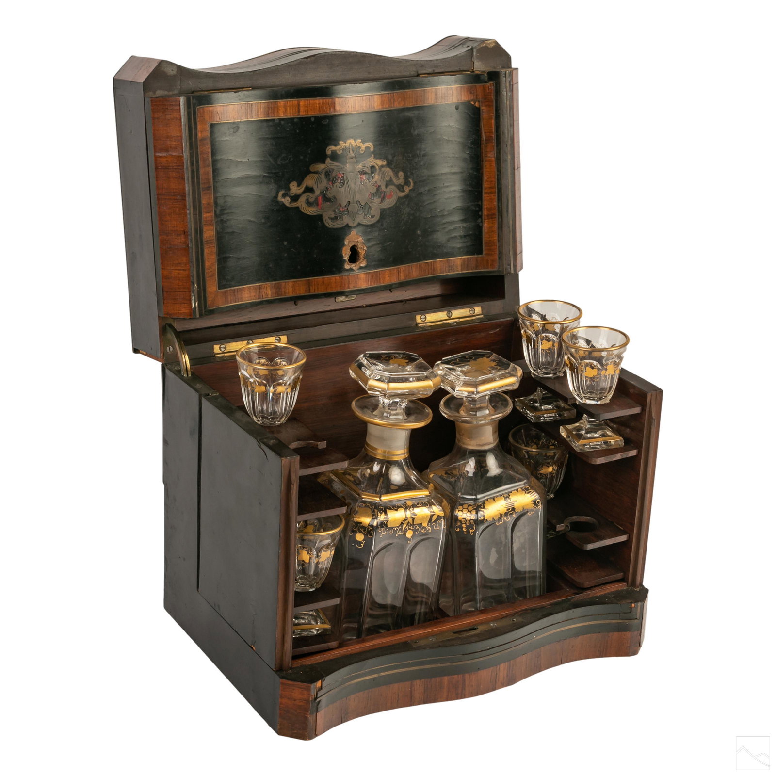 Inlaid Wood Antique Tantalus Decanter Cordial Set (1 of 8)