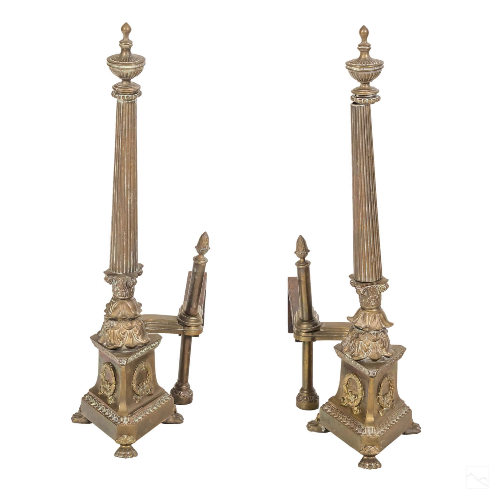 Federal Style Antique Bronze Fireplace Andirons: Beautiful antique Federal style bronze andirons. Featuring urn shape finals, fluted columns, ornate baroque style bases with wreath motif and lion paw feet. Some elements are cast iron. SHIPPING Hill 