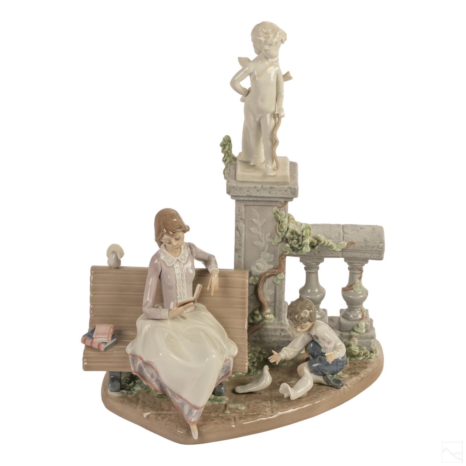 Lladro Studying In The Park 13" Figurine Sculpture: Lladro glazed Spanish porcelain figurine sculpture. Titled, "STUDYING IN THE PARK." Model 5425. A study of a seated girl reading on a park bench while her brother feeds birds. Architectural elements i