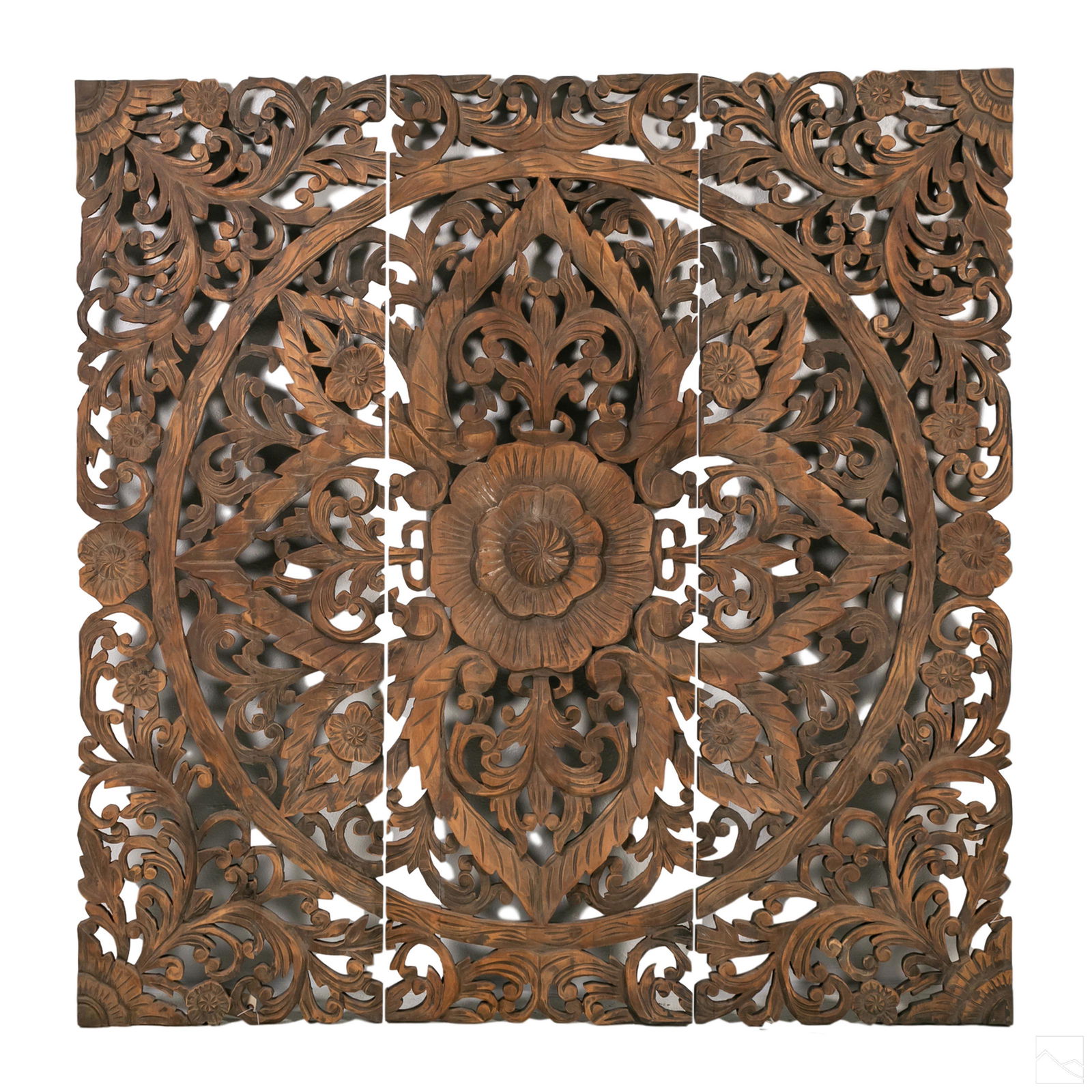 Triptych Hand Carved Wood Lotus Flower Wall Panels (1 of 7)