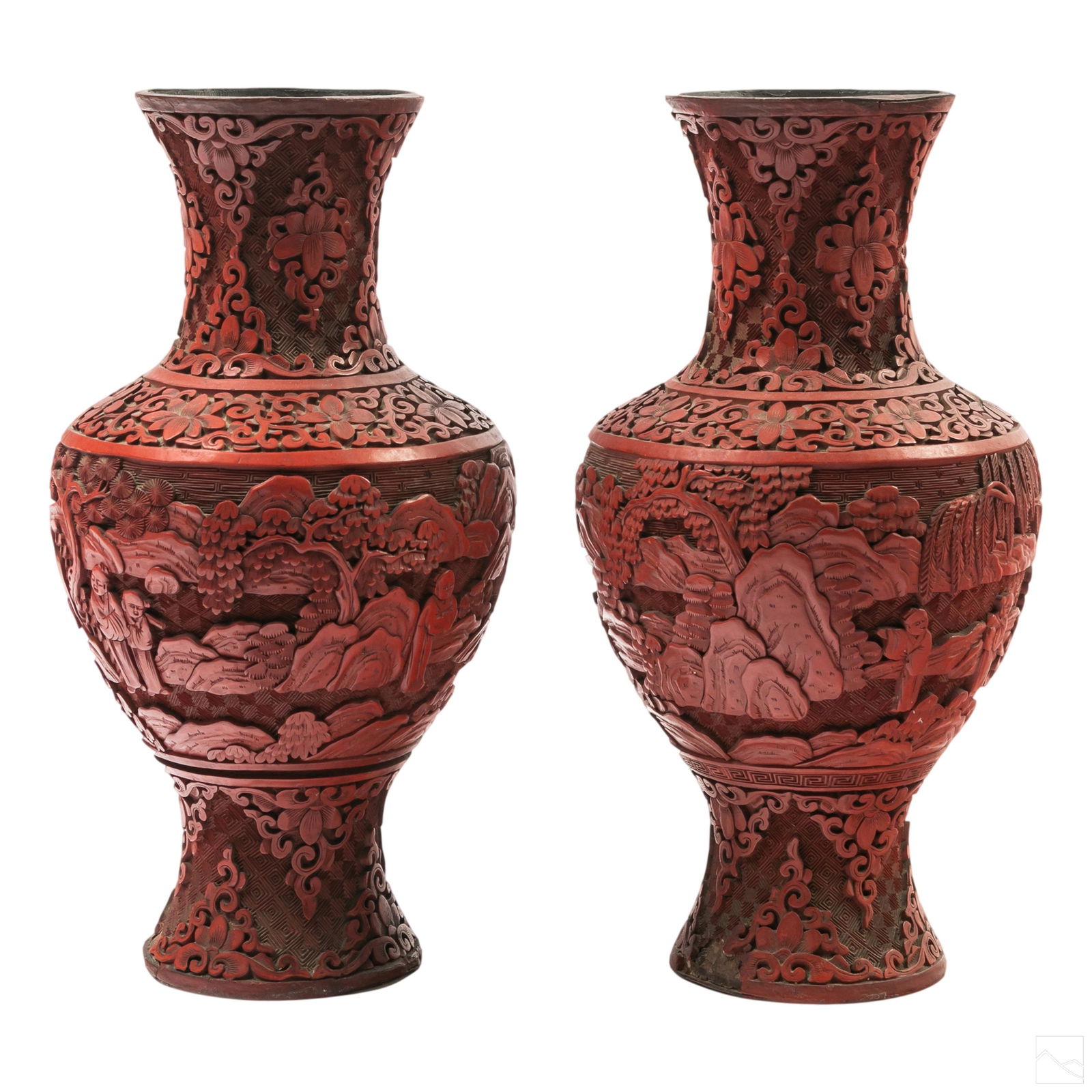 Chinese Vintage 10" Carved Red Cinnabar Vases Pair (1 of 6)