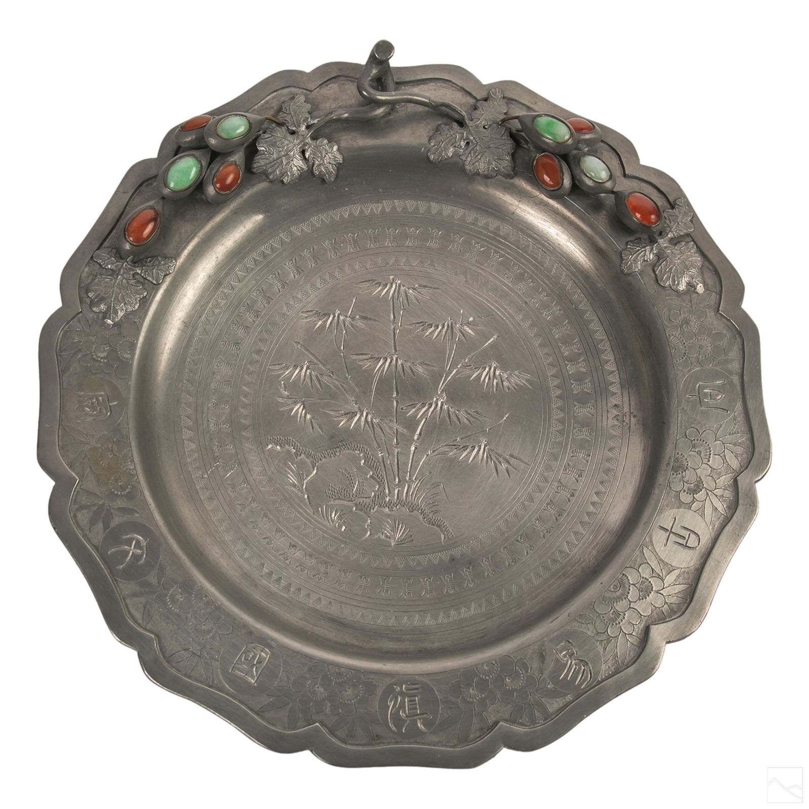 Chinese 11" Foliate Pewter Jade & Carnelian Plate (1 of 5)