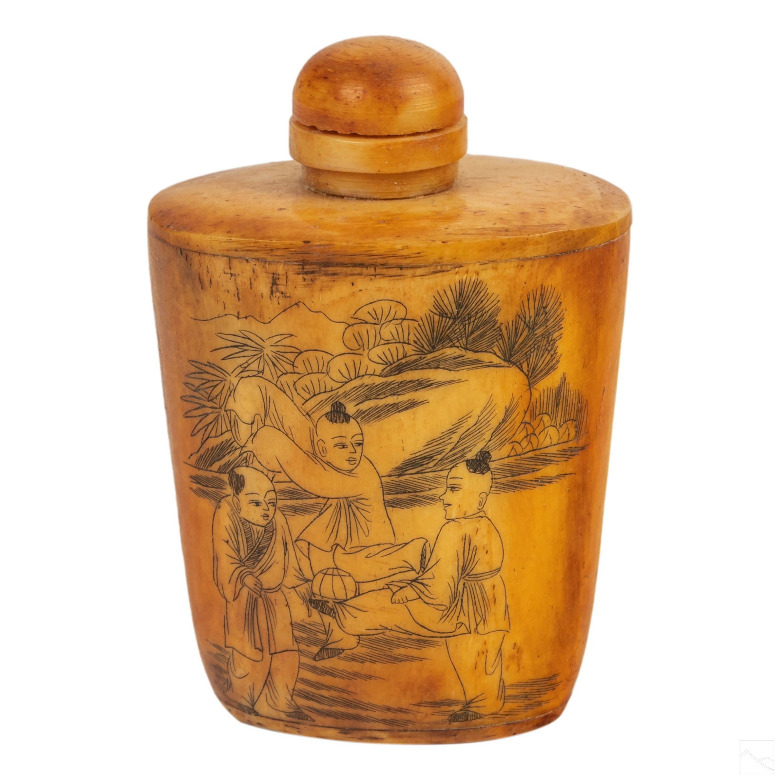 Chinese Antique Etched Figural Scene Snuff Bottle: Fine old Chinese bone snuff bottle. Featuring etched scene depicting Chinese figures at play. Includes original stem. Beautiful patina. SHIPPING Hill Auction Gallery will offer in-house continental US