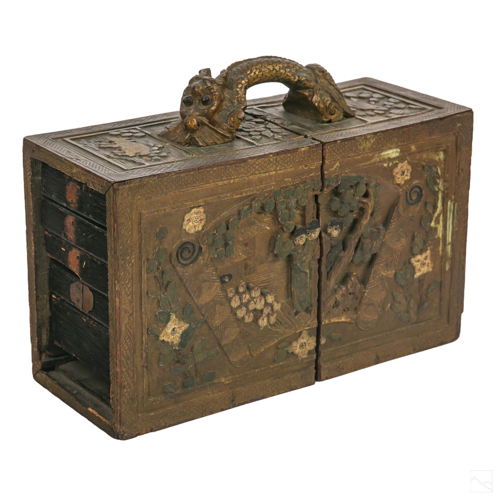 Chinese Carved Relief Dragon Wood Box Mahjong Set (1 of 9)