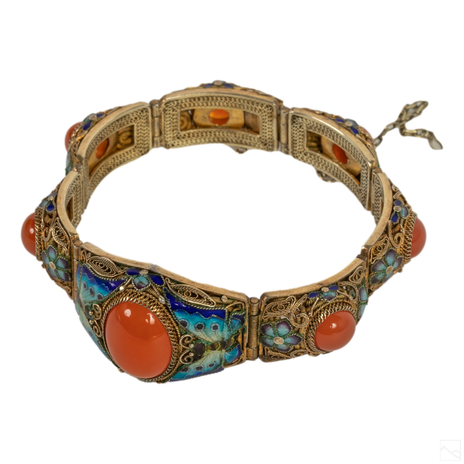 Chinese Silver Filigree Carnelian Enamel Bracelet: Chinese gold gilt over silver bracelet. Features a fine wire filigree links with butterfly and floral enamel embellishments. Further decorated with cabochons of carnelian. Measures 7" long and 25mm wi