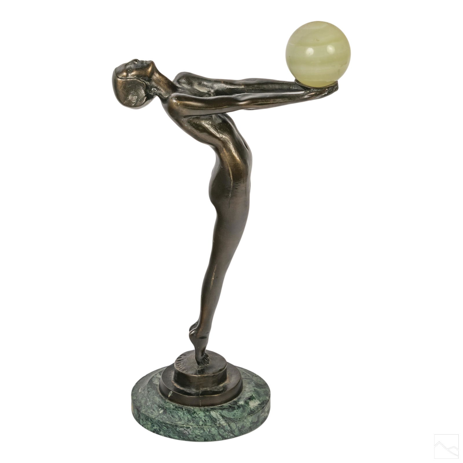 Bronze Deco Nude Sculpture after Max Le Verrier: Art Deco style figural bronze statue after Max (Louis Octave Maxime) Le Verrier (French, 1891-1973). Casted in bronze depicting a standing female nude with arms outstretched supporting a single glass