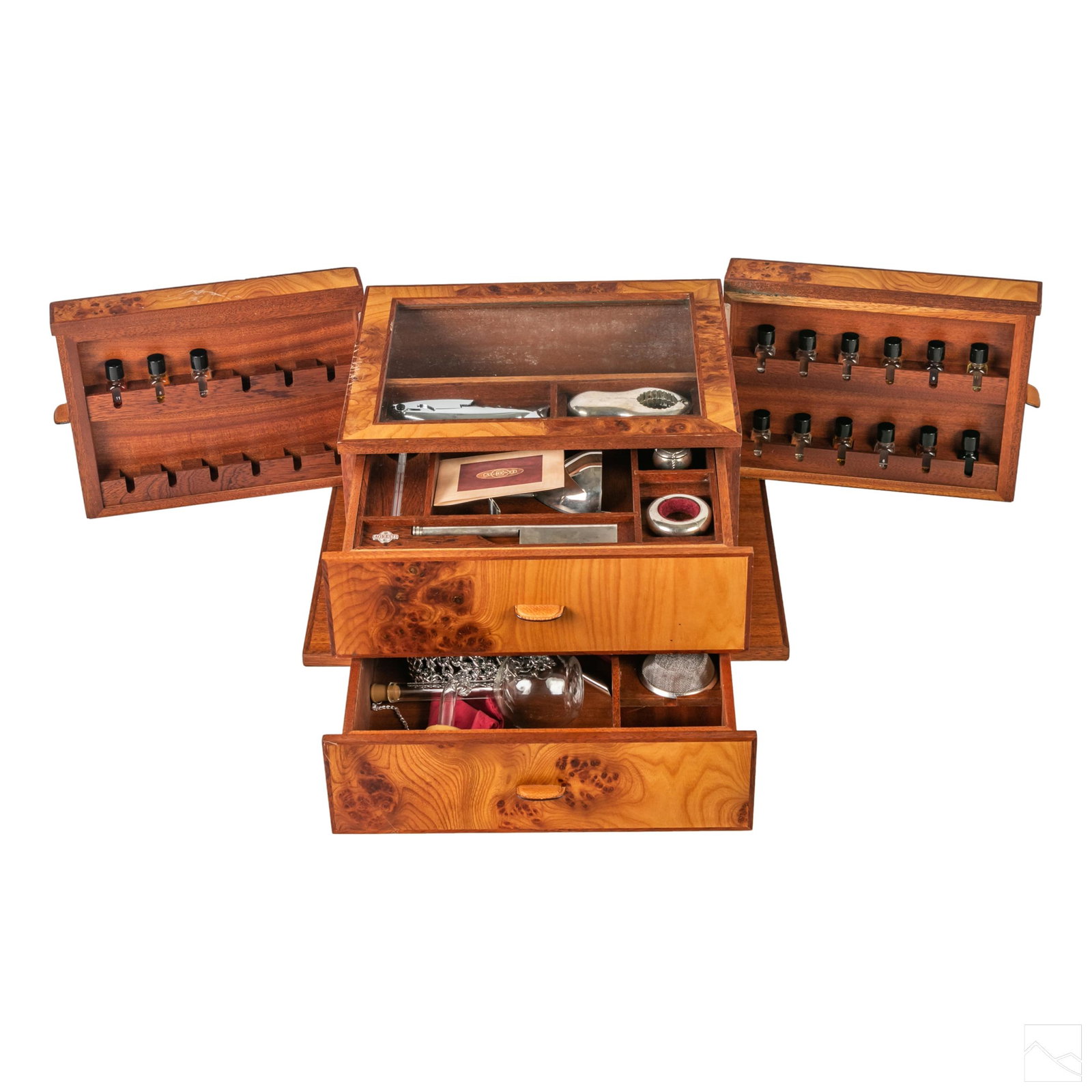 Osvaldo Agresti Modern Custom Cocktail Bar Cabinet: Bespoke custom made wood box by mid 20th Century Italian craftsman Osvaldo Agresti. Featuring a glass top, two drawers, dual hinged side compartments, and solid leather handles. Top drawer includes fi