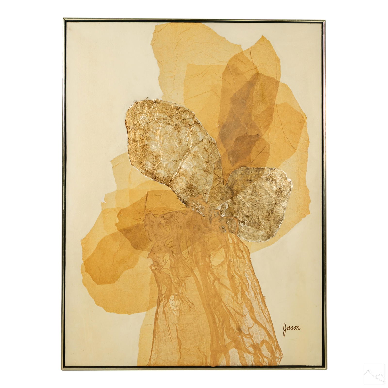 20th Century Modern Abstract Art Collage Painting: Mystery Artist (20th Century). Modern abstract layered collage painting on canvas in natural brown tones. Artist signed "Jason" to lower right. Work Size: 48 x 36 in.SHIPPINGHill Auction Gallery will