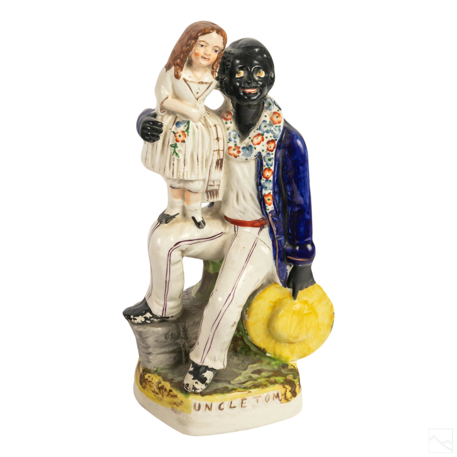 Black Americana Uncle Tom Staffordshire Figurine: An antique 19th Century Staffordshire Pottery figural group on rectangular base. Glazed earthenware painted with enamels, depicting Uncle Tom and Eva, two characters from the anti-slavery novel Uncle 