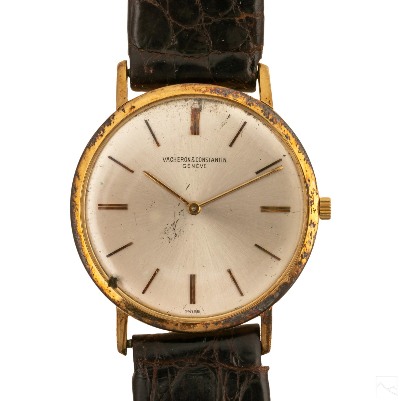 18k Gold Vacheron & Constantin Swiss Wristwatch: Vacheron & Constantin 18k gold men's watch. Manual wind featuring a round silver dial with a chocolate brown leather band. Case measures 31.75 mm. Not including crown. Provenance: From the estate of A