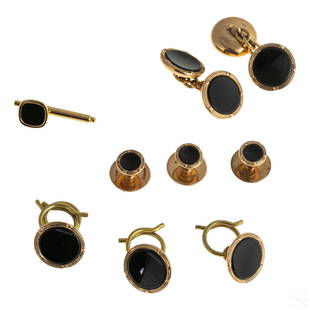 9K Gold Onyx English Antique Cufflinks & Studs: Collection of antique English men's dress accessories. Includes (1) pair of 9k gold black onyx cufflinks marked 375. (3) 5/8" round etched cufflinks marked 9k. (3) 1/2" studs with black onyx marked